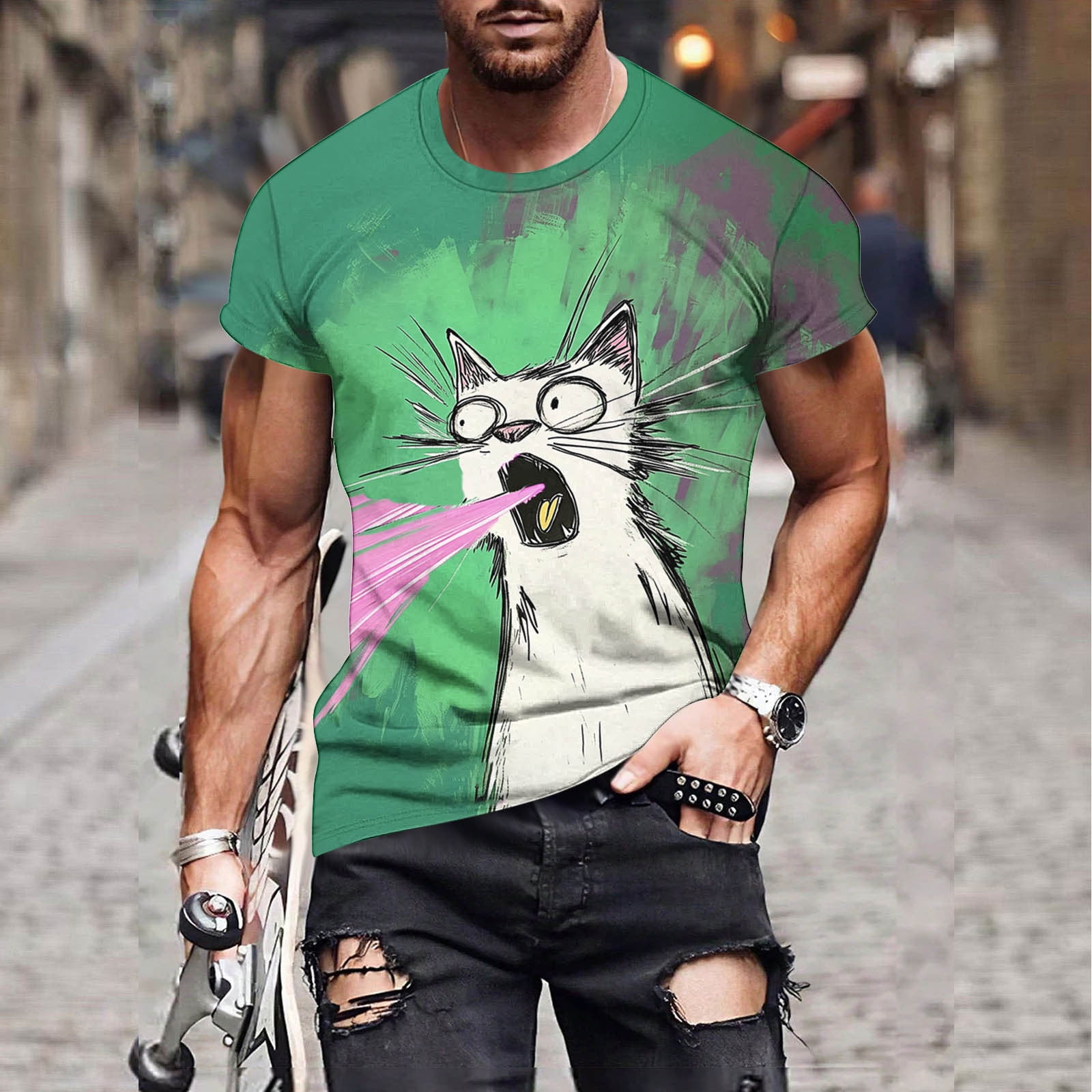 Doodle Cat Print Men's Short Sleeve Shirt