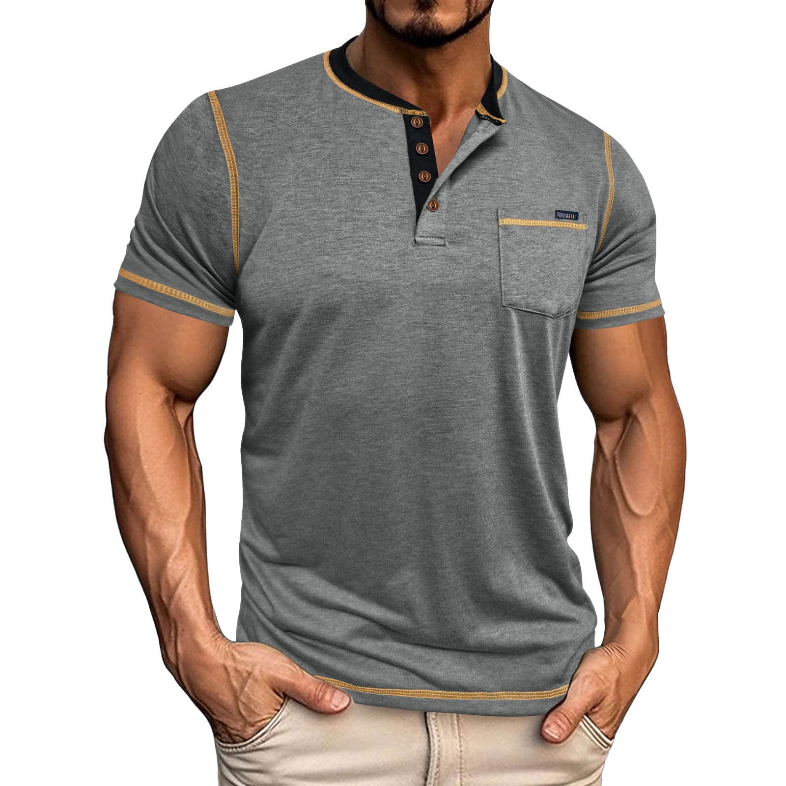 Dolkfu Shirts Men Henley Cotton T Shirt Short Sleeve Gray Pocket Button Men's T-Shirts L