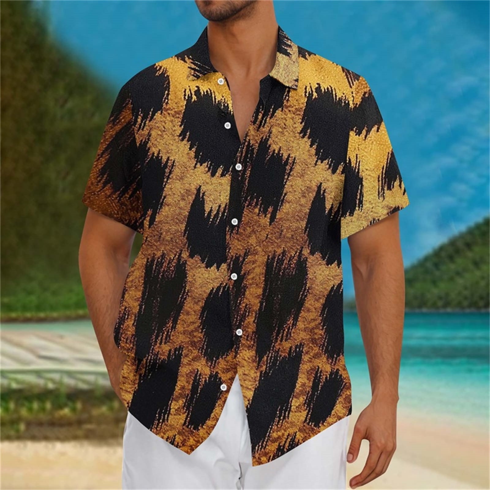 【送料無料/即納】  Leopard Mens Shirt Sleeve Short Clothing