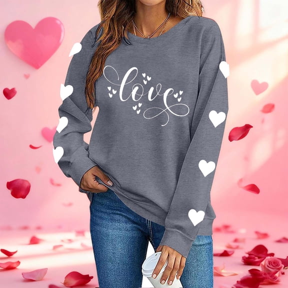 Dolkfu Shirts for Women Heart Print Valentines Day Gray Graphic Tees Crewneck Pullover Women Winter Clothes XL