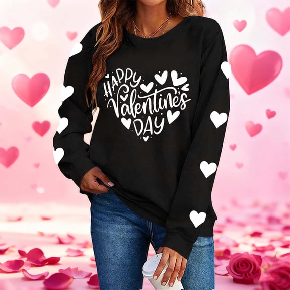 Dolkfu Shirts for Women Valentines Day Oversized Heart Black Tops Long Sleeve Crewneck Pullover Cute Tops for Women XL