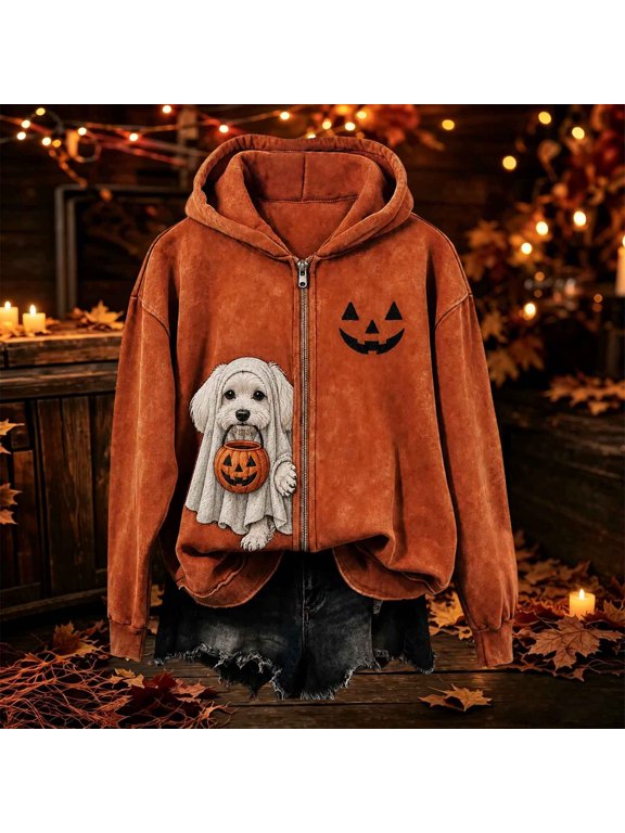 Short Orange Zipup Jacket Long Sleeve Hooded Halloween Animal Full Zip Mid-Weight Overcoat Jackets Pumpkin Minimalist Hoodie Relaxed Fit,M