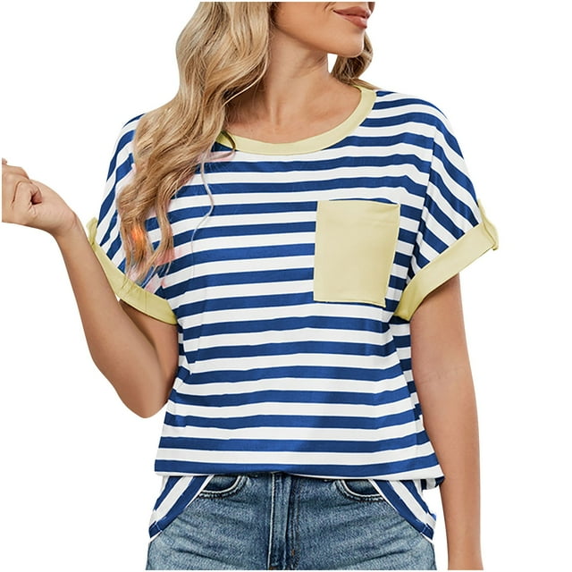 Dolkfu Short Sleeve 70s Tops for Ladies Crew Neck Casual Loose Fit Striped Pocket T-Shirt T Shirts for Women,XL