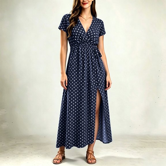 Dolkfu Short Sleeve Dresses for Women Trendy V-Neck Long French Style Blue Dresses Polka Dot Retro Vintage Relaxed Fit Faux-Wrap Dresses Dark Blue,M