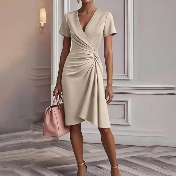 Dolkfu Short Sleeve Fall&Winter Dresses for Women Petal V-Neck Pull-on Yellow Bodycon Slim Fashion Solid Mid-Length Dresses Khaki,Xs