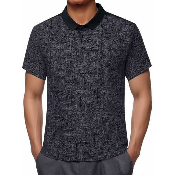Dolkfu Button Golf Shirts for Men Retro Collared Black Short Sleeve Polos Geometric Outdoor Plaid Tops Black,L