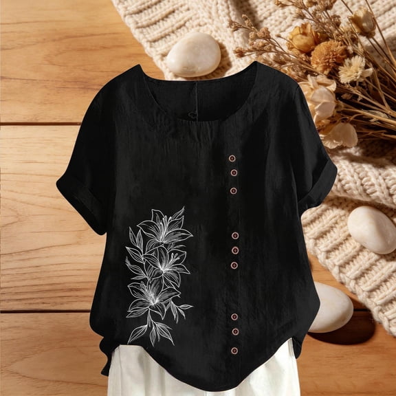 Dolkfu Short Sleeve Ladies Tops Crew Neck Linen Black T Shirts Pullover Button Women Shirts S