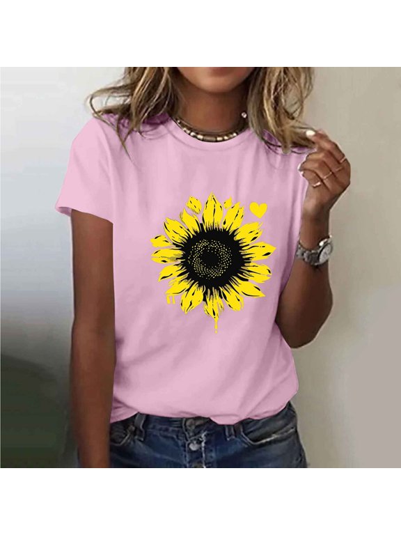 Short Sleeve Oversized Graphic Tshirts for Women Pink Crew Neck Pull-on Refreshing T-Shirts Floral Printed Fashion Tops Pink,S