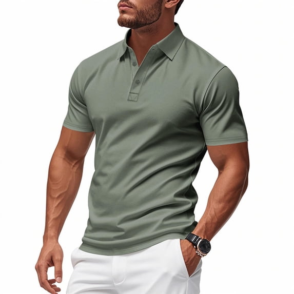 Dolkfu Short Sleeve Polos Shirts for Men Green Retro Vintage Collared Tops Minimalist Solid Polos Mens Dresss Shirts