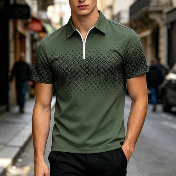 Dolkfu Quarter Zip Polos for Men Green Short Sleeve Collared Minimalist Polos Patchwork Geometric Outdoor Tops Green,L