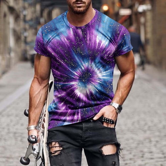Dolkfu Short Sleeve Shirts for Men Purple Graphic Crew Neck Pullover Tees Fitness Pullover Mens Tshirts L