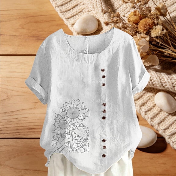 Dolkfu Short Sleeve Summer Tops for Women Linen Crew Neck White T-Shirts Loose Fit Flower Women Shirts S