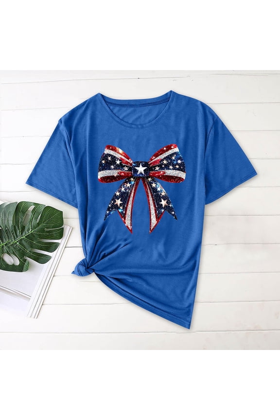 Short Sleeve Women'S Summer Tops Pull-on Crew Neck Blue 250th Anniversary Independence Day T-Shirts Graphic Prints Pullover Refined Polyester Blend Tops Blue,S