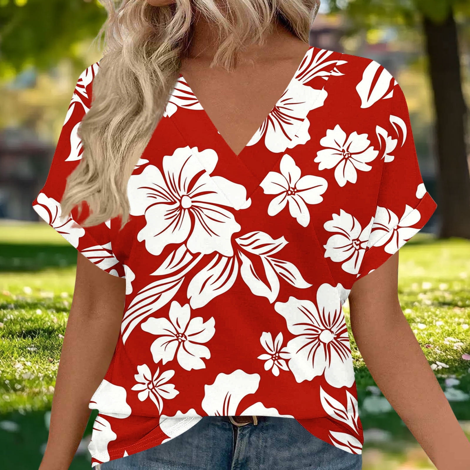 Dolkfu Short Sleeve Tops for Women V Neck Red Loose Fitting Pullover ...