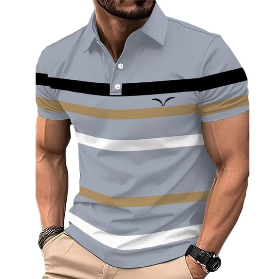 Dolkfu Short Sleeve True Classic Tees Men Minimalist Collared Gray Button Tops Retro Vintage Striped Geometric Polos Gray,L