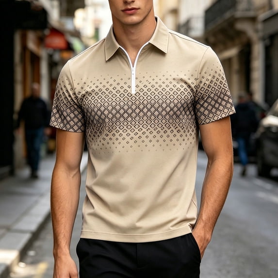 Dolkfu Collared True Classic Tees Men Yellow Short Sleeve Quarter Zip Minimalist Polos Outdoor Patchwork Geometric Tops Khaki,S