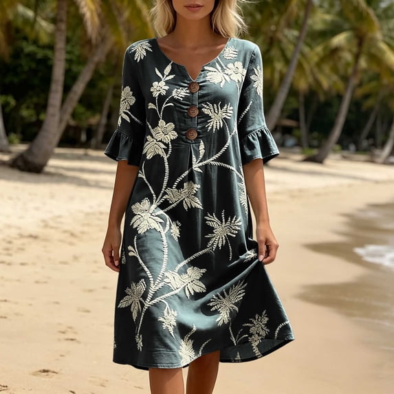 Dolkfu Short Sleeve Women Clothing Mid-Length Refreshing Black V-Neck Dresses Classic Floral Relaxed Fit Printed Shift Dresses Black,L