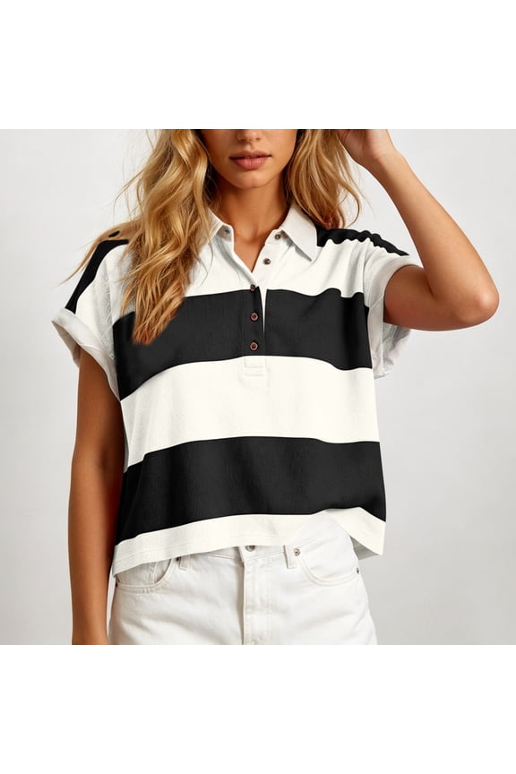 Short Sleeve Women'S Clothing Collared French Chic Black Striped Casual Fashion Blouses & Tops Black,L