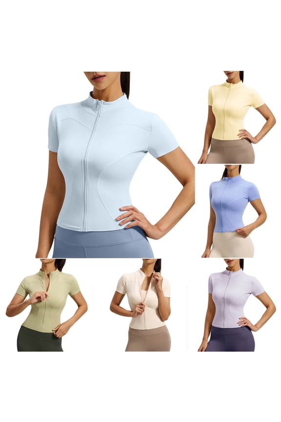 Short Sleeve Women'S Clothing Yoga Clothing Full Zip Blue Mock Neck Tops Minimalist Modern Solid Blouses & Tops Blue,S