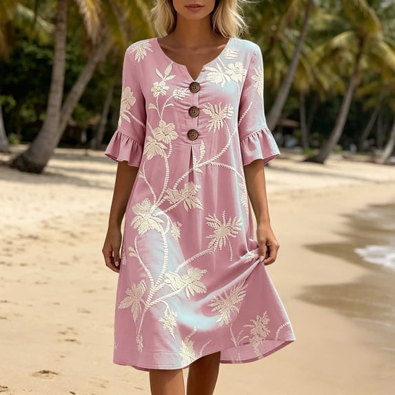 Dolkfu Short Sleeve Women'S Fall&Winter Dresses V-Neck Refreshing Mid-Length Pink Dresses Floral Classic Relaxed Fit Printed Shift Dresses Pink,Xl
