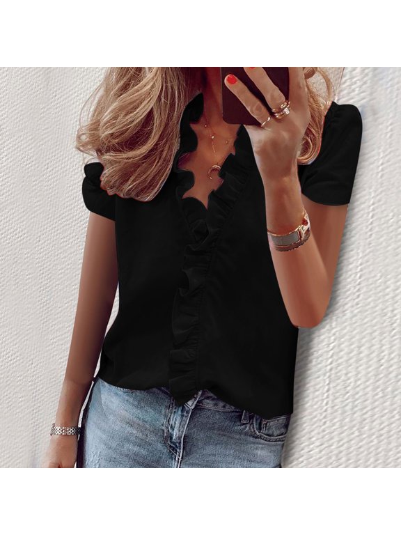 Short Sleeve Women'S Summer Tops Pull-on Black Minimalist V-Neck Blouses & Tops Solid Casual Modern Black,Xl
