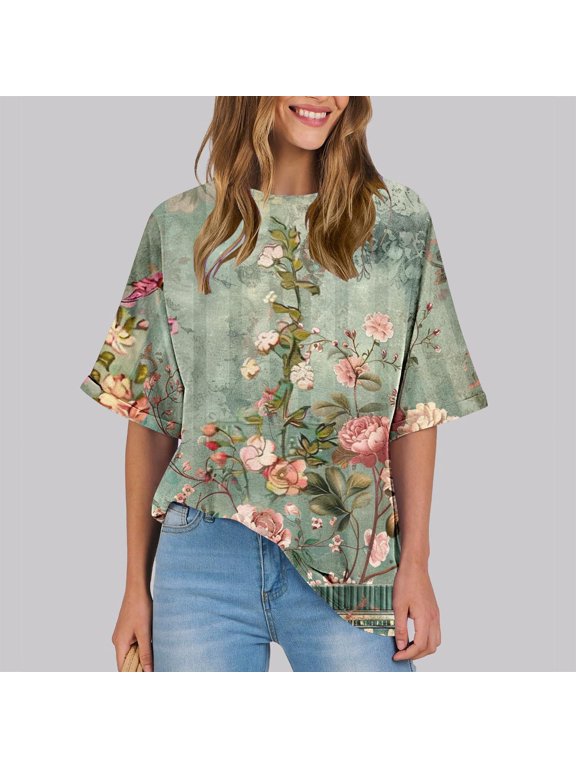 Pull-on Women'S Tops, Tees & Blouses Crew Neck Green Short Sleeve Retro Vintage T-Shirts Printed Refreshing Flowers Tops Army Green,Xl
