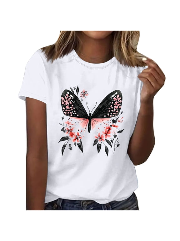 Pull-on Women'S Tops, Tees & Blouses White Short Sleeve Crew Neck Refreshing T-Shirts Butterfly Fashion Flowers Tops White,L