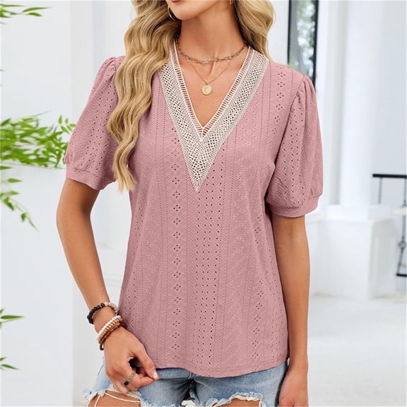 Dolkfu Short Sleeve Womens Summer Tops Lace Trim Pink V Neck Blouses & Tops Pullover Loose Fit Women's Shirts L