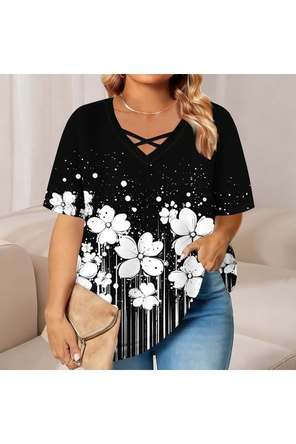 Short Sleeve Womens Tops Trendy Crew Neck Floral Black T Shirts Criss Cross Plus Size Woman Shirts 2X