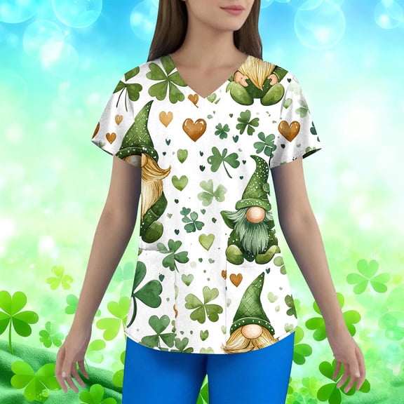 Dolkfu Short Sleeve Womens Winter Tops V Neck Scrub Green T-Shirts Novelty Clover Shirts for Women 5X
