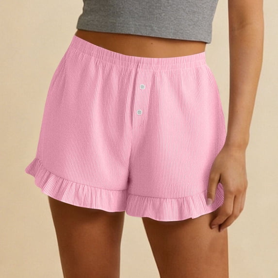Dolkfu Shorts Women Ruffle Striped High Waist Shorts Pink Comfy Cute Y2k Women's Shorts M