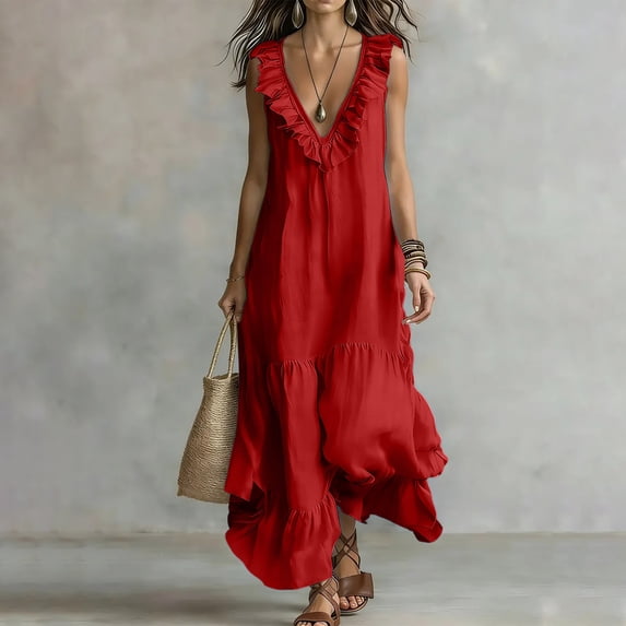 Dolkfu Side Split Dresses for Women Trendy Sleeveless Red V-Neck Maxi-Length Peasant Dresses Relaxed Fit Modern Flowy Solid Dresses Red,L