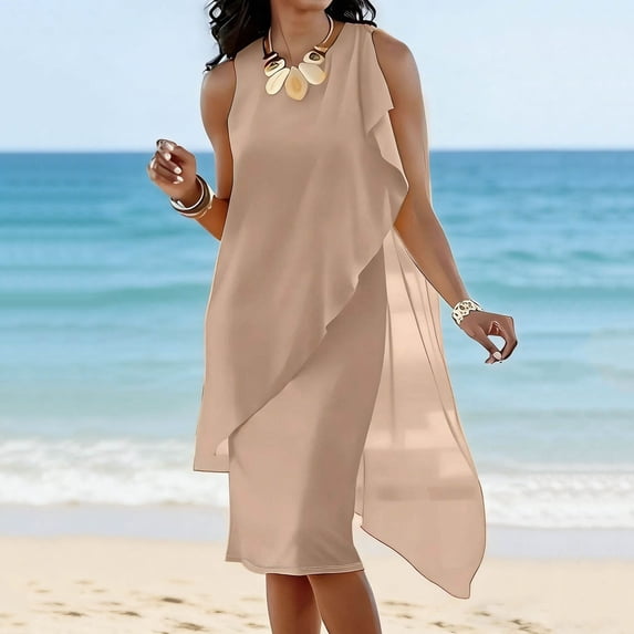 Dolkfu Sleeveless Dresses for Women Trendy Refined Mid-Length Crew Neck Yellow Bodycon Dresses Slim Chiffon Solid Retro Vintage Dresses Khaki,Xl