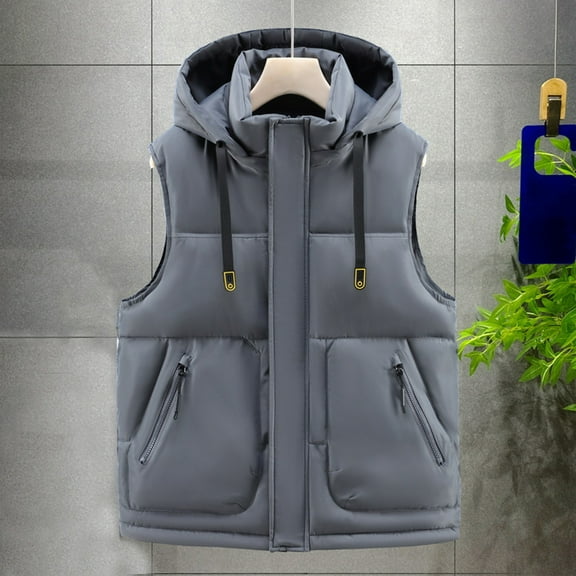 Dolkfu Sleeveless Winter Men Jackets Hooded Gray Puffer Vest Zip up Padded Outerwear Jacket Mens Coats Fall L