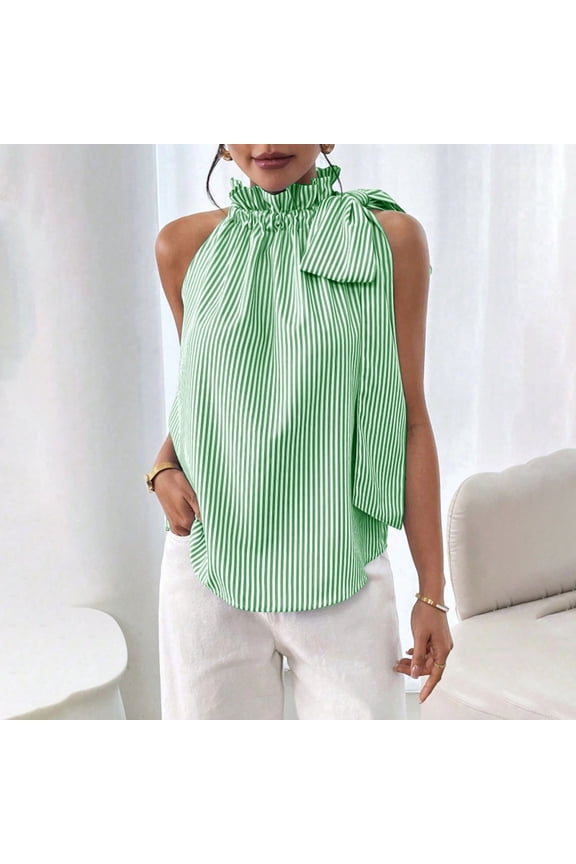 Sleeveless Women Clothing Green French Chic Mock Neck Tops Bow Patchwork Striped Pull-on Retro Blouses & Tops Green,S