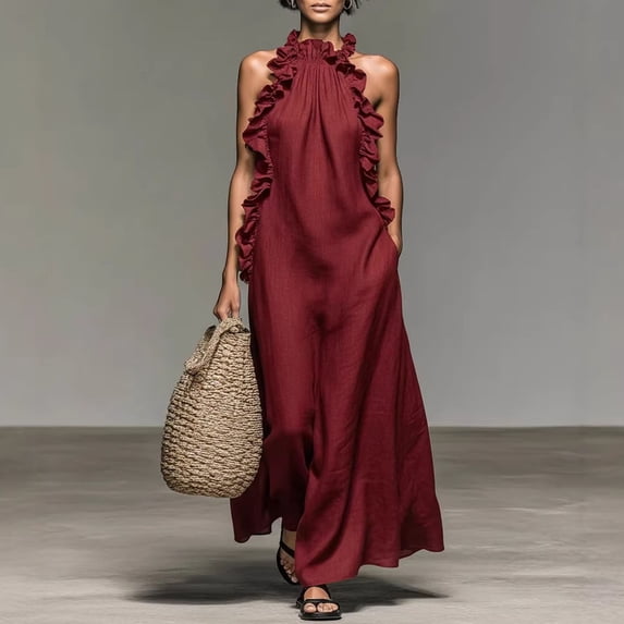 Dolkfu Sleeveless Women'S Clothing Refreshing Maxi Halter Red Tank Dresses Relaxed Fit Modern Casual Solid Dresses Wine,S