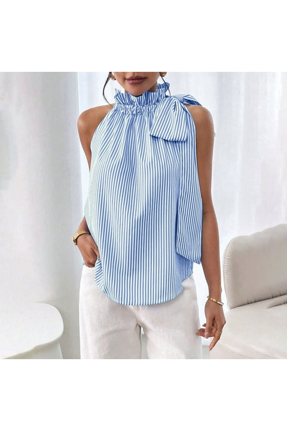 Sleeveless Women'S Tops, Tees & Blouses Mock Neck Blue French Chic Pull-on Bow Striped Retro Patchwork Blouses & Tops Sky Blue,M