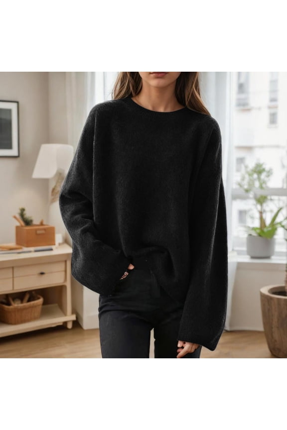 Slouchy Fall Sweaters for Women Black Crew Neck Sweater Pullover Baggy Solid Knit Shirt Shirt for Women L