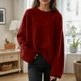 thumbnail image 1 of Dolkfu Slouchy Fall Sweaters for Women Crew Neck Red Sweater Baggy Pullover Solid Knit Shirt Womens Winter Tops L, 1 of 4