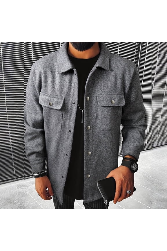 Solid Mens Fall Shirts Cargo Wool Button Down Shirt Work Long Sleeve Shirt Jacket Plus Size Shirts S
