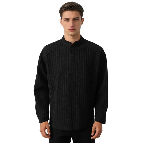 Dolkfu Striped Men Shirt Henley Golf Shirts Band Collar Long Sleeve Button Men Polos L