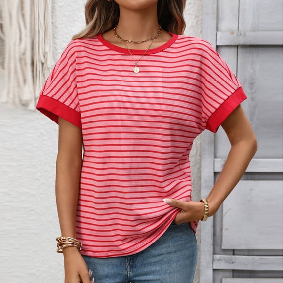 Dolkfu Striped Tops for Women Pink Crew Neck Short Sleeve T-Shirts Raglan Loose Fit Casual Shirts for Women L