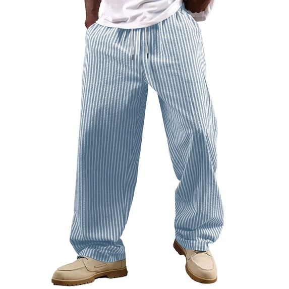 Dolkfu Summer Mens Pants Striped Cotton Linen Sweatpants Drawstring Loose Straight Leg Mens Trousers L