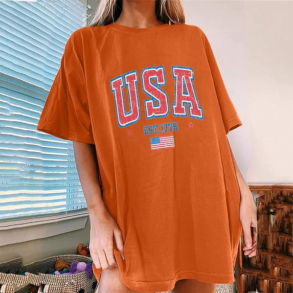 Dolkfu 250th Anniversary Independence Day Summer Tops for Women Orange Crew Neck Pull-on Short Sleeve T-Shirts Modern Graphic Prints Minimalist Tops Orange,Xxl