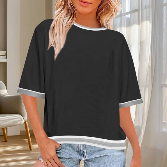 Dolkfu Summer Tops for Women Black Crew Neck Elbow-Length Tops Stylish,Casual Patchwork Color T-Shirts Womens Shirts