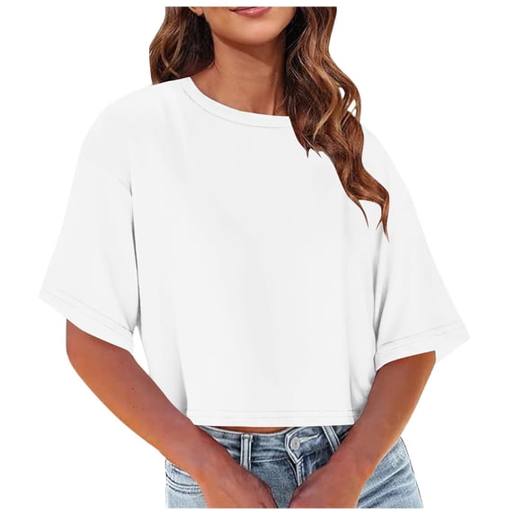 Dolkfu Summer Tops for Women Elbow-Length Crew Neck White Tops Stylish,Casual Solid Color T-Shirts Women'S Shirts