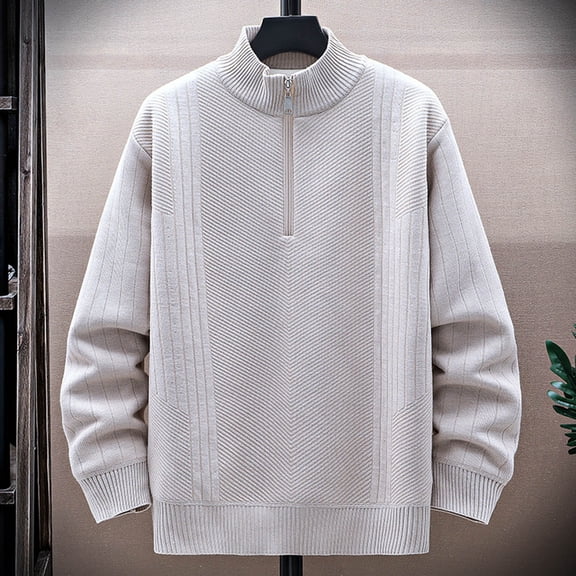 Dolkfu Sweater Mens Quarter Zip Mock Neck Beige Sweaters Fleece Lined Stand Collar Men's Pullover XXXXL