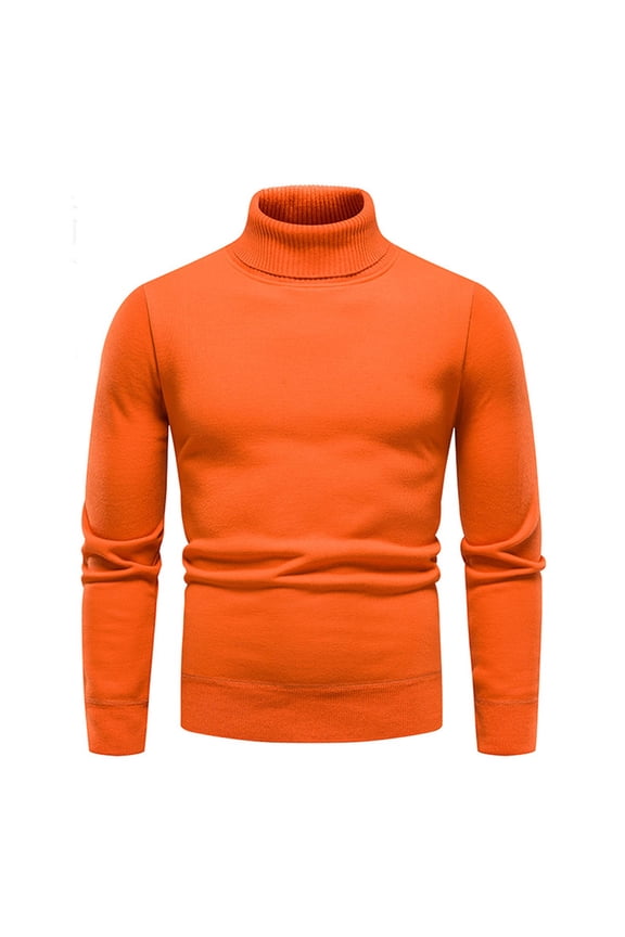 Sweater for Men Turtleneck Orange Slim Fit Solid Color Knitted Sweater Comfy Sweater for Men L