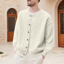 Dolkfu Sweaters for Man Cable Knit Button up Beige Cardigan Sweaters Chunky Mens Crew Neck Sweater Coat L