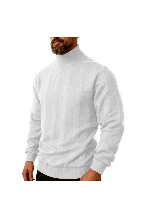 Sweaters for Man Pullover Turtleneck White Cable Knit Sweater Slim Fit Men Solid Knit Shirt L